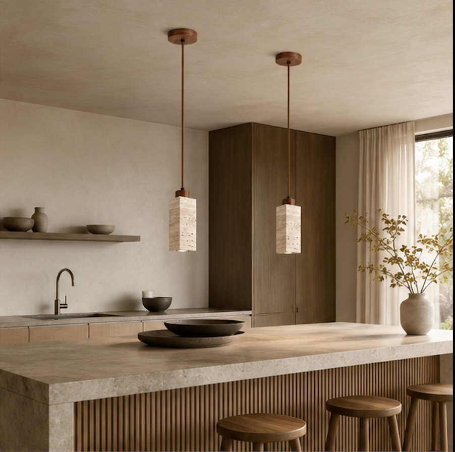 Suspension Luminaire Cylindrique en Pierre Naturelle et Bois – Seki