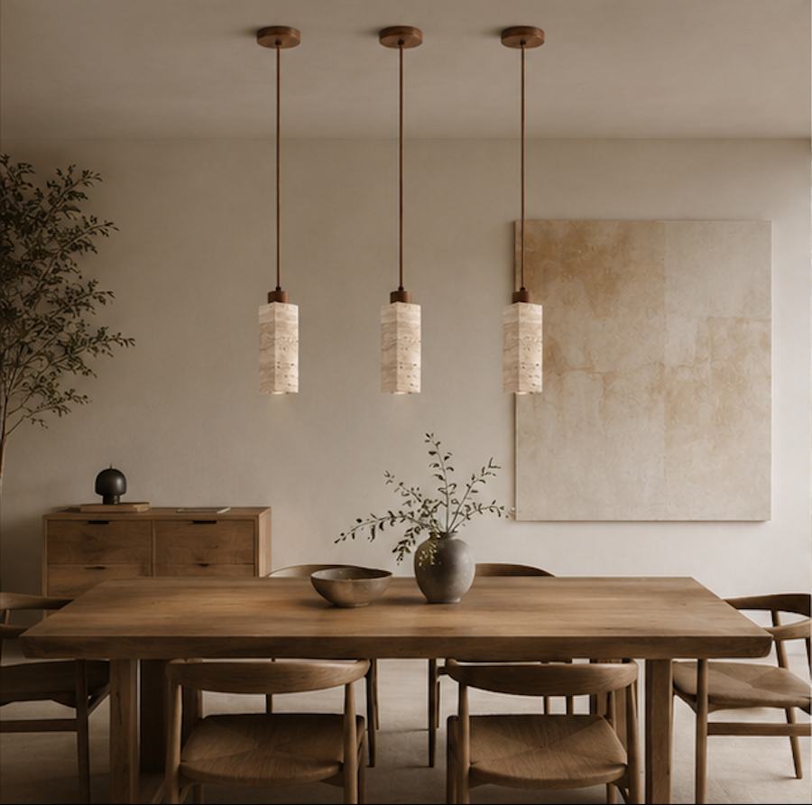 Suspension Luminaire Cylindrique en Pierre Naturelle et Bois – Seki