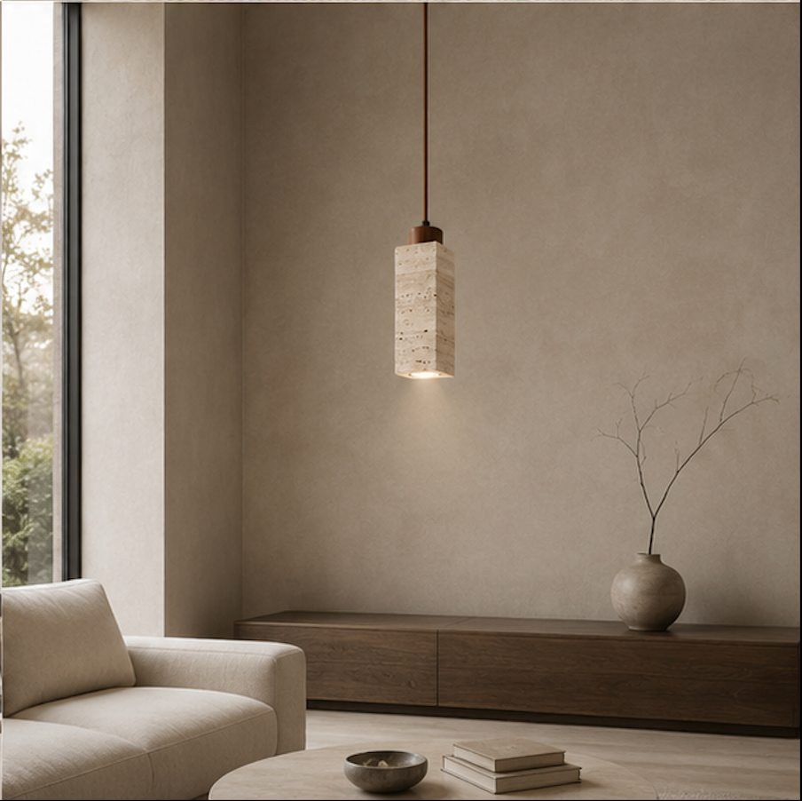 Suspension Luminaire Cylindrique en Pierre Naturelle et Bois – Seki